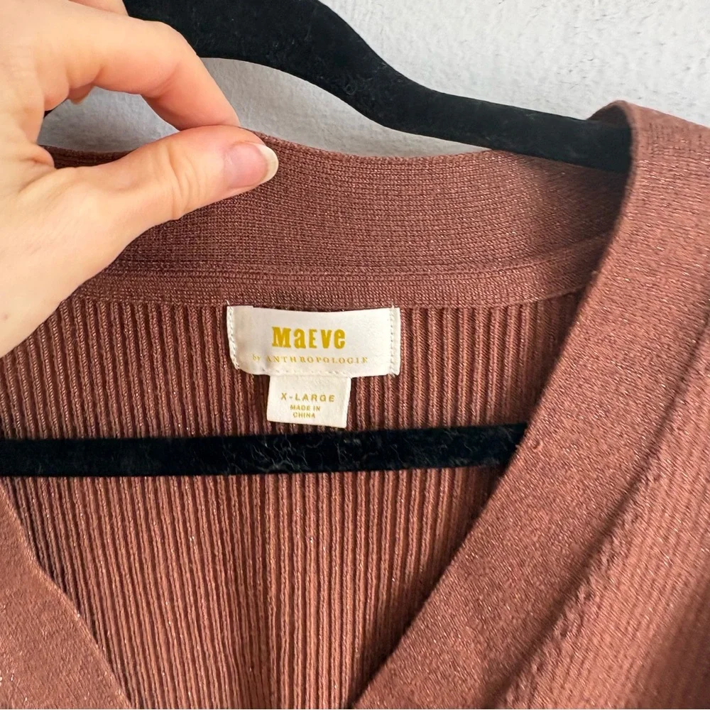 Anthropologie Maeve Sz XL Thea Brown Gold Metallic V Neck Sweater - Picture 4 of 11